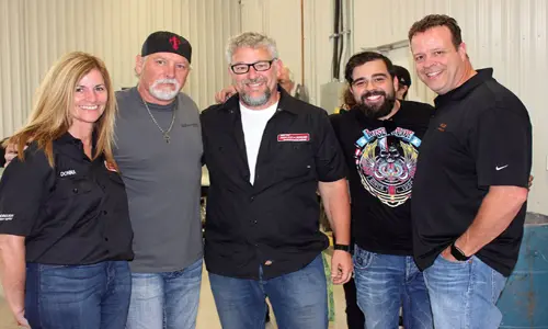 A few of the people at the demonstration held at Wallace's Conley Collision. From left: Donna Rioux, Manager of Peterborough Paint & Body Supply, House of Kolor's Market Manager Ron Fleenor, Darrin Heise and Dave Pereira of PBE Distributors and Chuck Rollins of Valspar. 